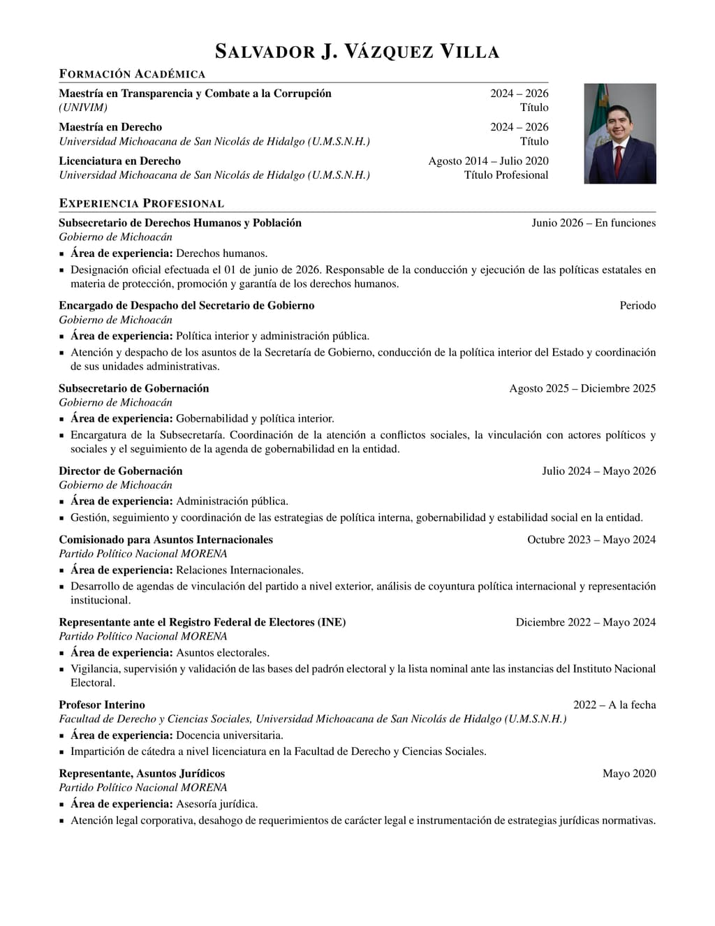 Currículum vitae de Salvador J. Vazquez Villa: formación académica y experiencia profesional.